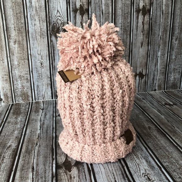 C.C Accessories - Indi Pink Color Chenille knit C.C. Beanie with pom